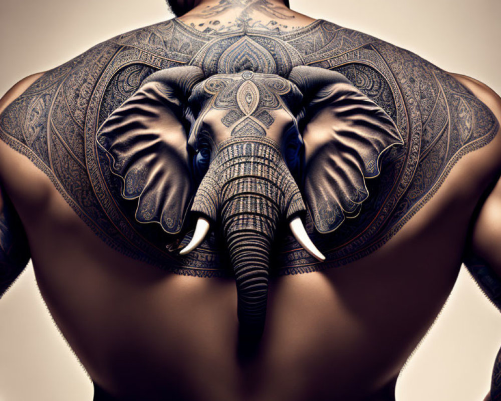 Intricate Elephant Tattoo on Person's Back