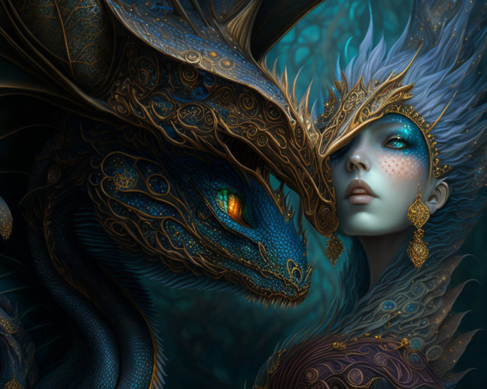 Fantastical artwork: Woman with blue and gold headgear next to dragon with orange eyes