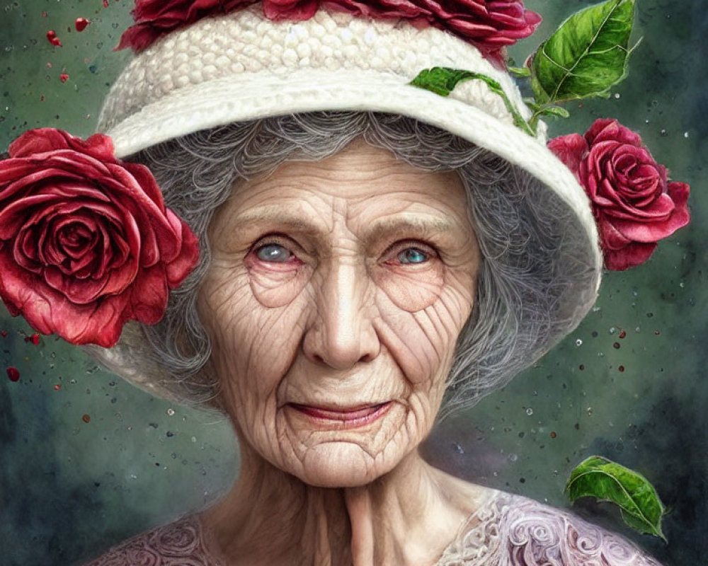 Elderly woman in white hat with red roses on green background