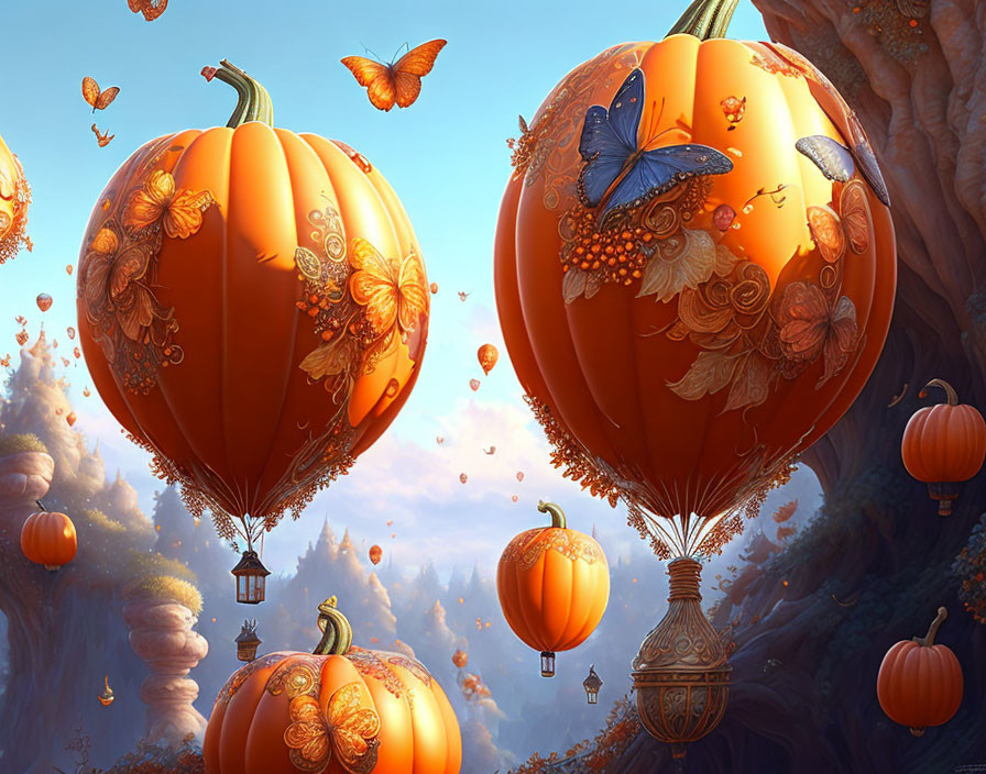 Fantasy autumnal scene with pumpkin hot air balloons and butterflies above misty forest.