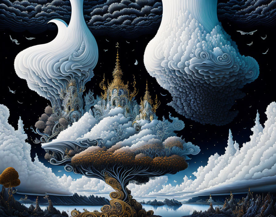 Surrealist landscape with whimsical clouds, tree, temples, and starry sky