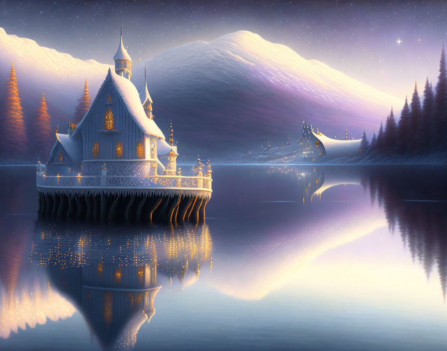 Glowing palace reflected on still lake with snowy mountains and starry sky