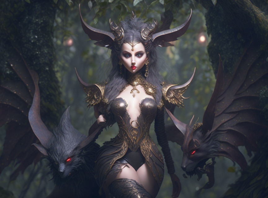 Dark-haired fantasy woman in ornate armor with horns, flanked by winged creatures in mystical forest