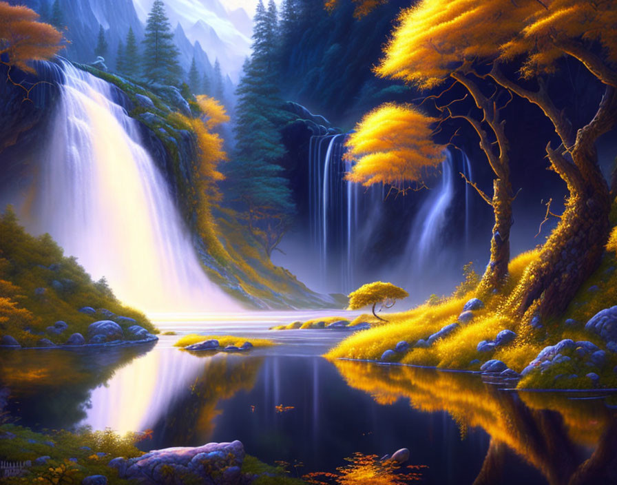 Tranquil river and vibrant waterfalls in serene autumn landscape