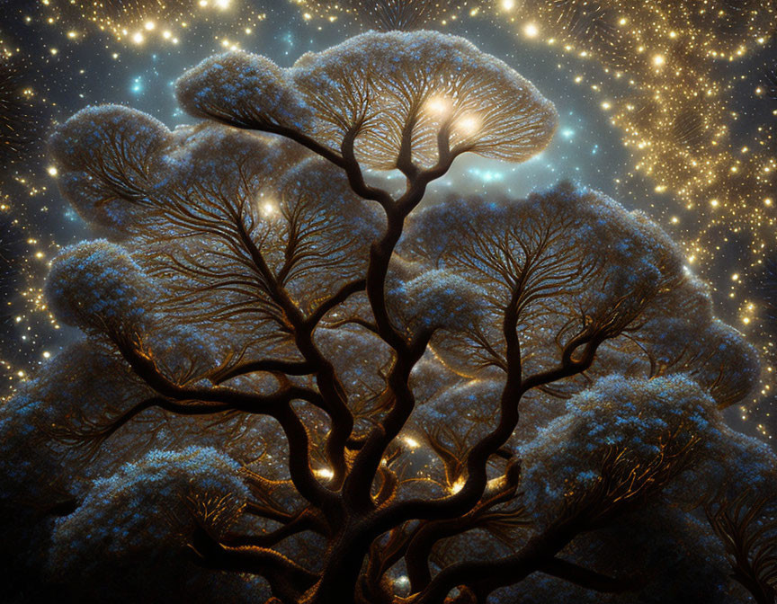 Digital artwork: Glowing tree branches in starry night sky