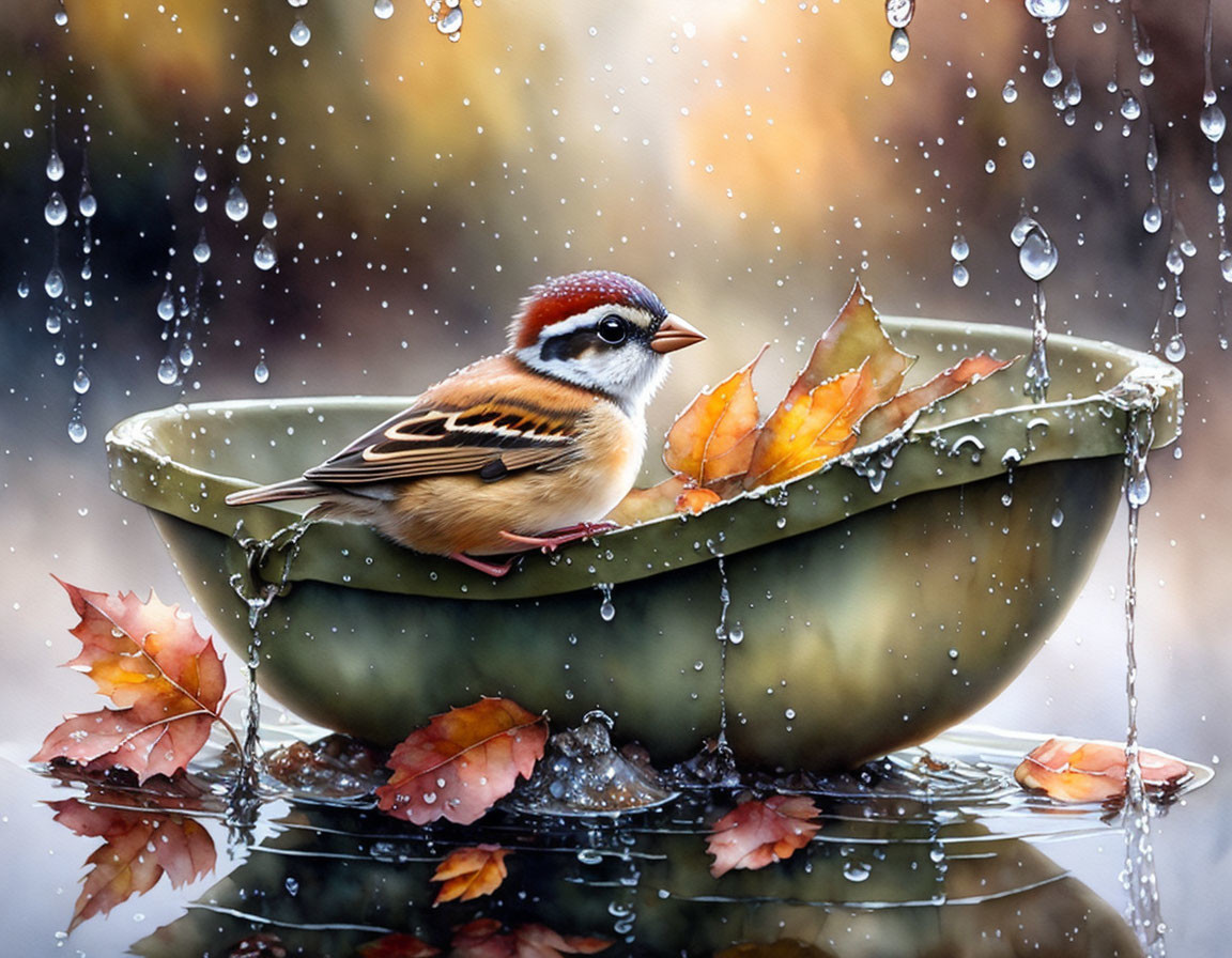 Sparrow perched in leaf-strewn bowl with water droplets creating ripples