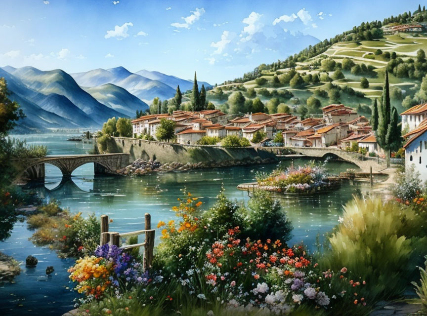 Scenic village with stone bridge, river, hills, flowers, blue skies