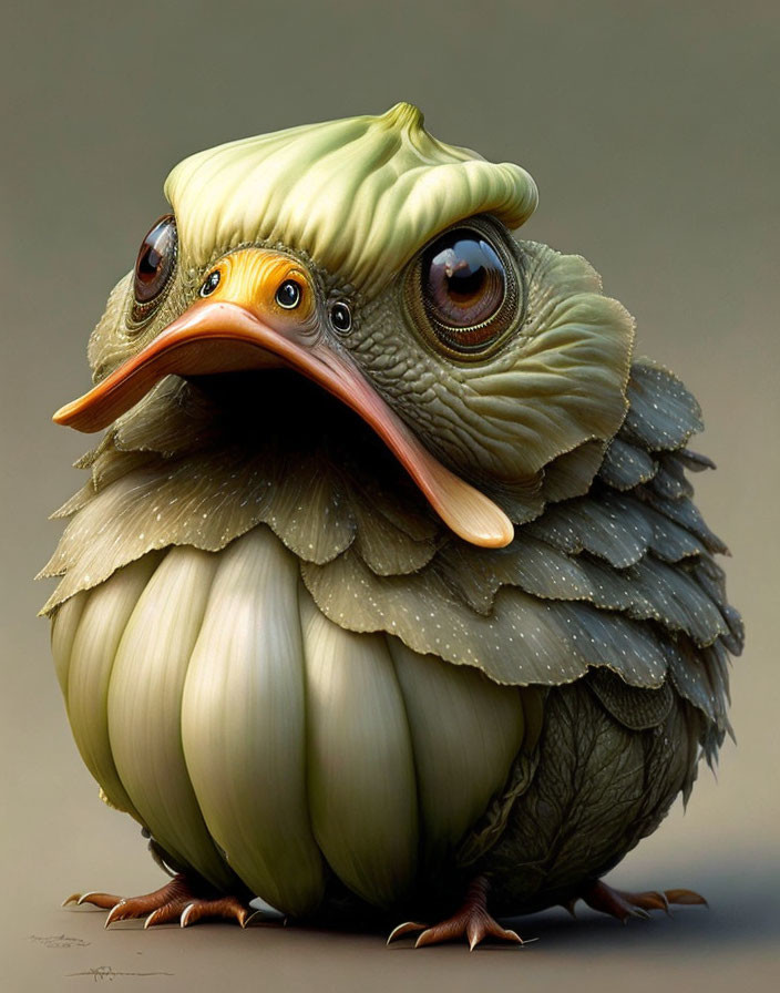 Whimsical creature with bird-like features and vegetable layers.