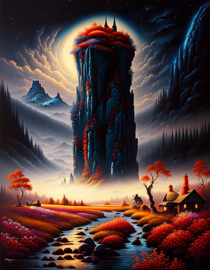 Fantasy landscape with towering rock spire, castle, forests, river, village under starry night