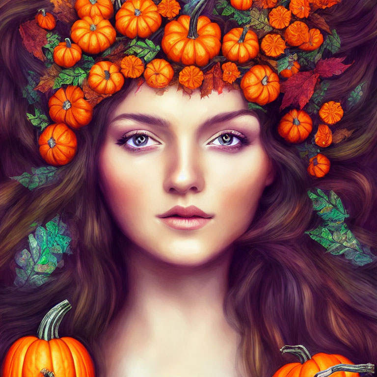 Digital artwork: Woman with pumpkin crown & autumn leaves in hair