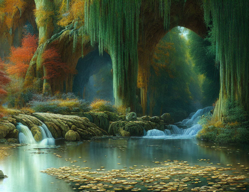 Tranquil forest landscape with moss-covered rock, waterfalls, and autumn trees