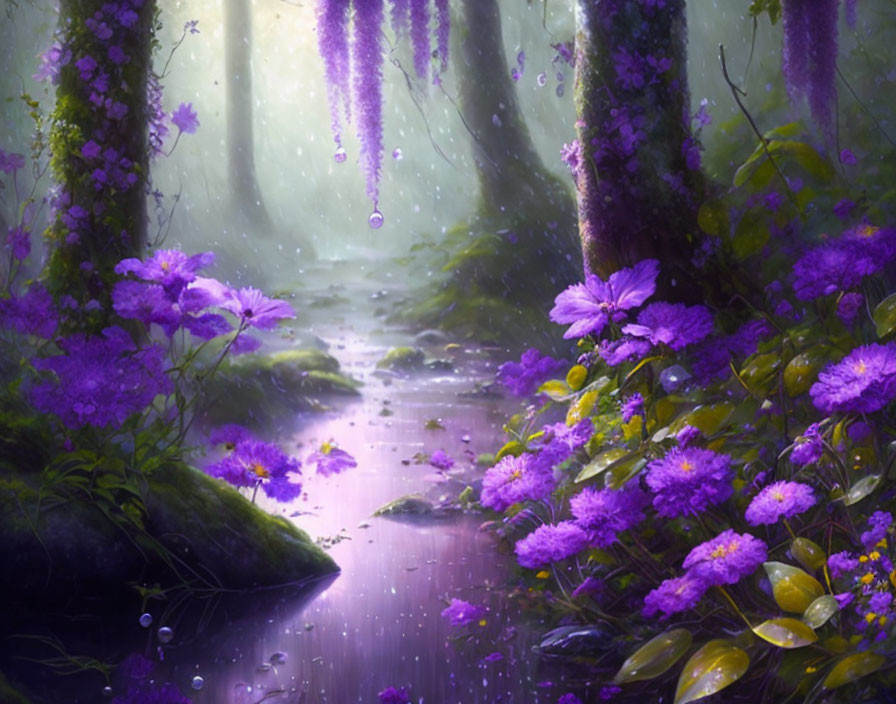 Sunlit mystical forest with purple flowers, creek, and dewy vines.