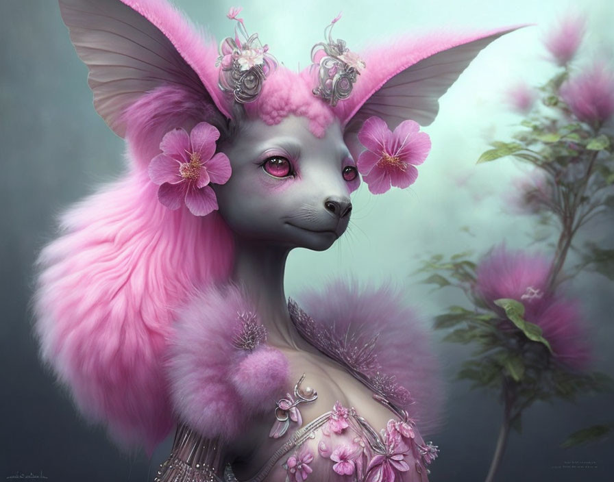 Pink-furred creature with large ears and floral adornments in misty green setting