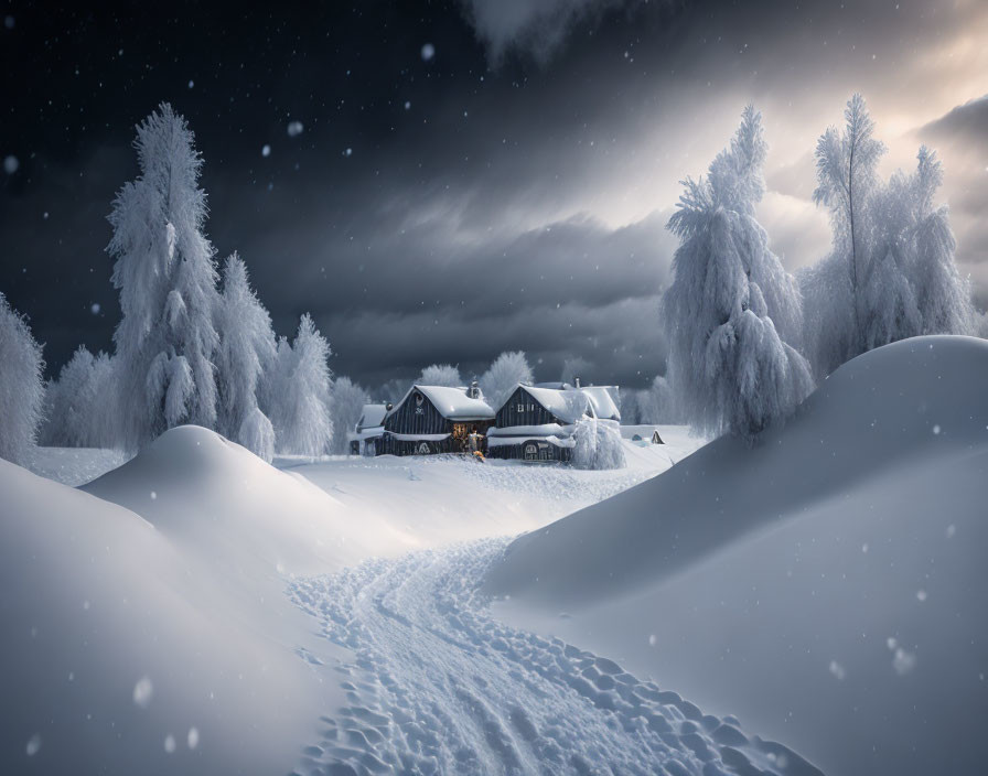 Snow-covered trees, cozy house, snowy trail - Winter night landscape scene