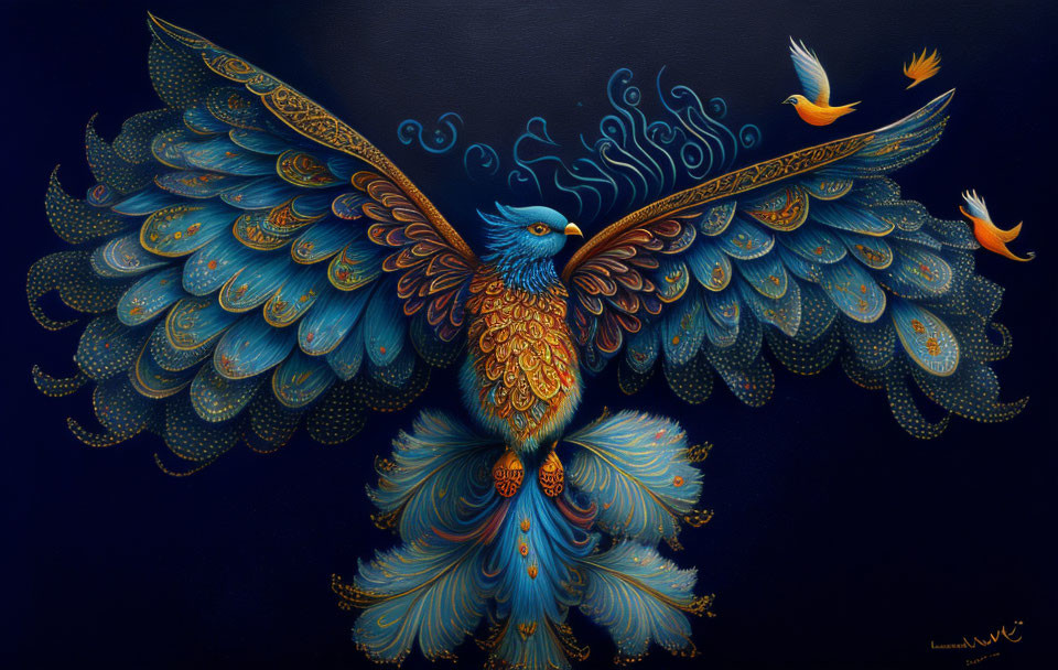 Mythical bird painting with intricate feather patterns in blues and golds