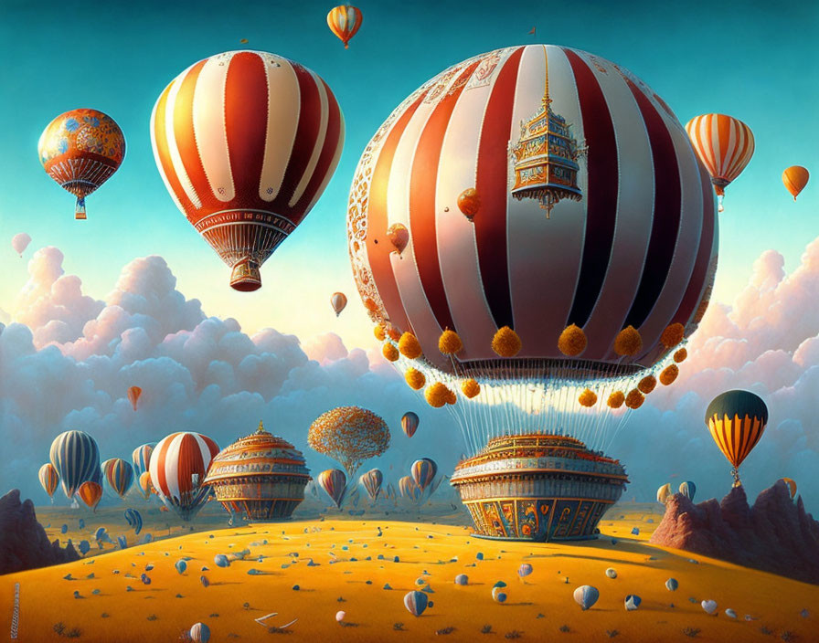 Fantasy landscape with ornate hot air balloons and surreal floating rocks.