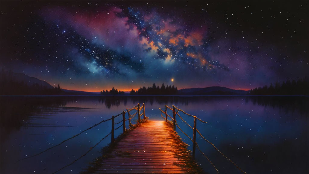 Wooden Pier Over Serene Lake Under Starry Night Sky