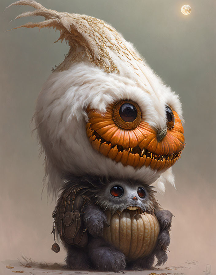 Illustration of two fluffy, round creatures with expressive eyes: one resembling an owl with an orange face