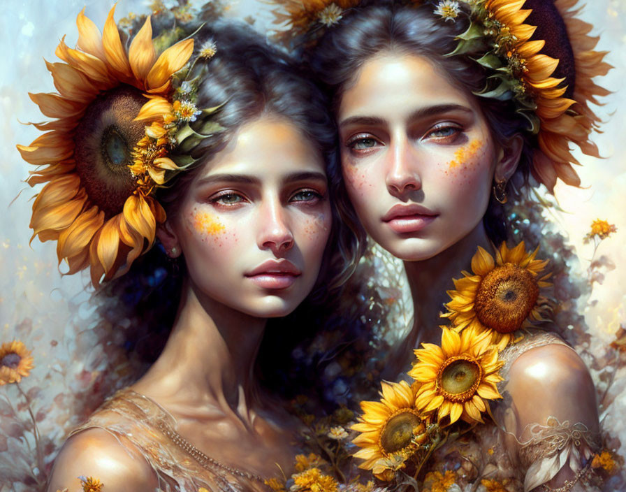 Two women in sunflower crowns and petals against a floral backdrop