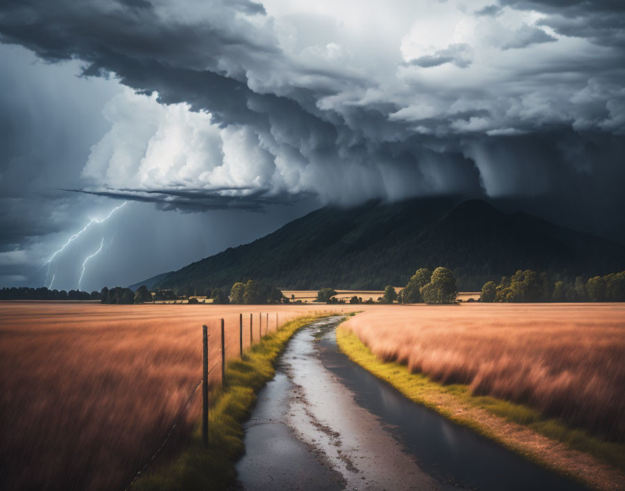 Thunderstorm over rural path: Lightning, golden fields, ominous clouds