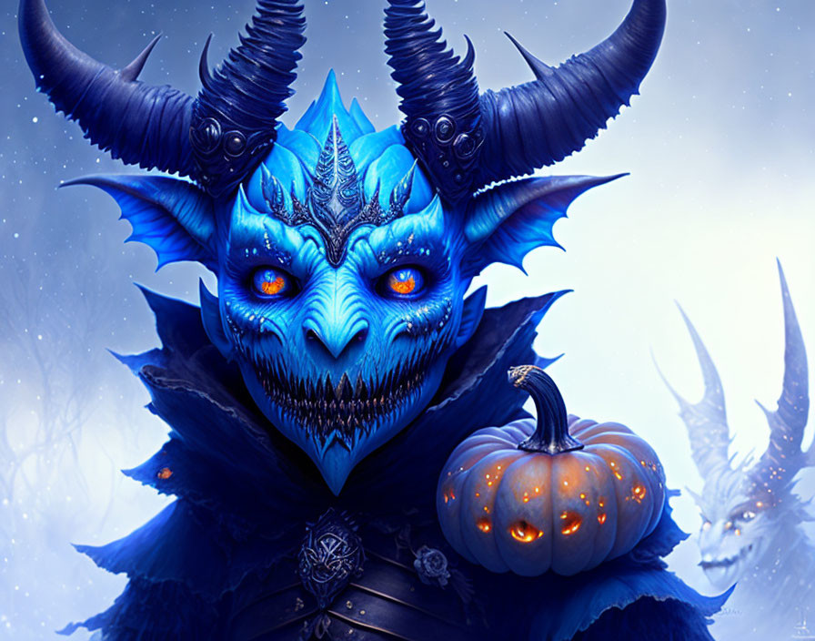 Detailed Illustration of Blue Dragon Creature with Glowing Pumpkin