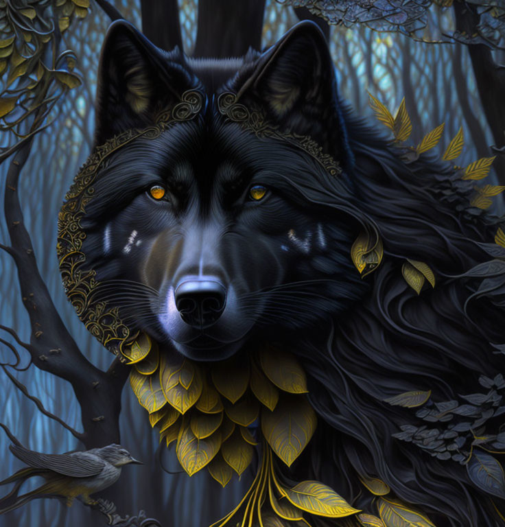 Majestic black wolf with gold leaf designs in mystical forest