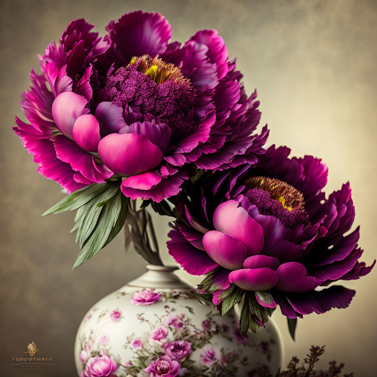 Purple peonies with yellow centers in white vase on golden backdrop