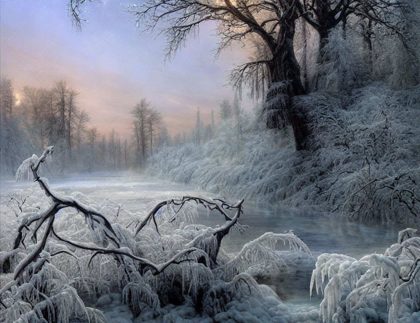 Winter landscape with frosted river and bare trees