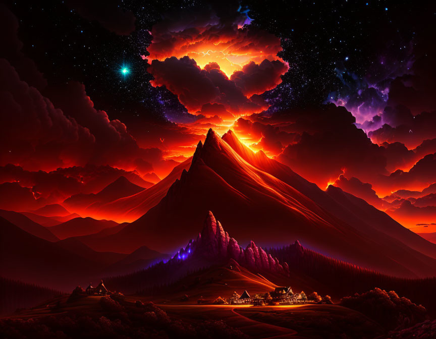 Digital artwork: Mountainous landscape at night with star-filled sky and erupting volcano