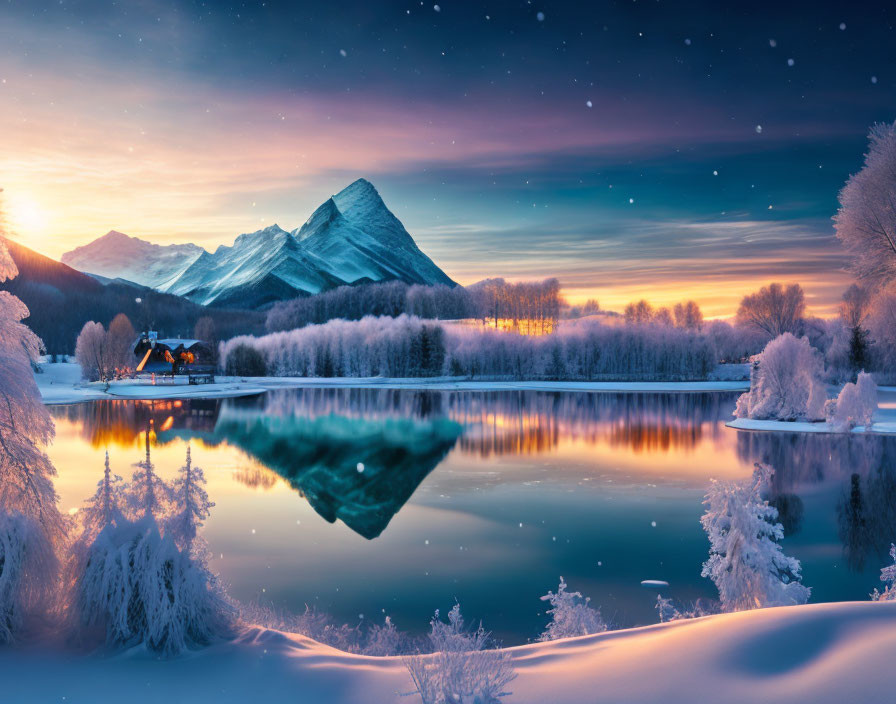 Snowy Dusk Scene: Lake, Mountain, Trees, Cabin, Starry Sky