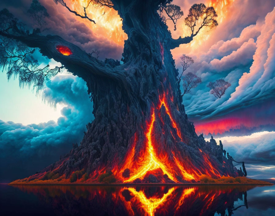 Large tree with lava trunk against fiery sky and blue water reflection