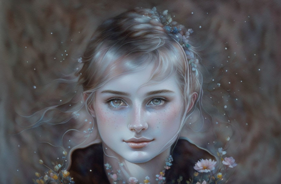 Young woman with floral headband in mystical fog and soft flowers.