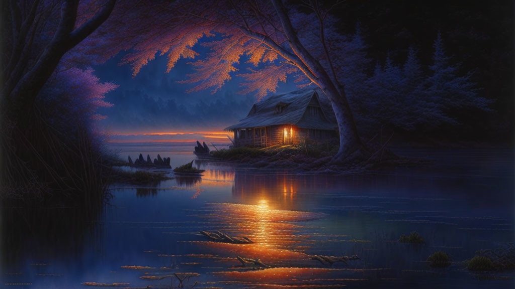 Cozy cottage by a lake at twilight with trees and reflection