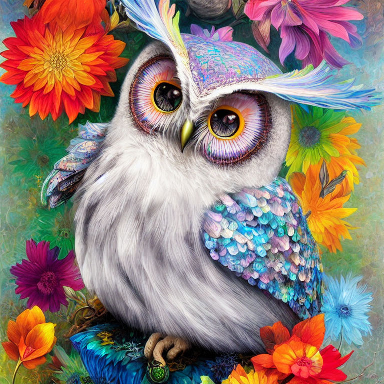 Vibrant Owl Illustration Among Colorful Flowers