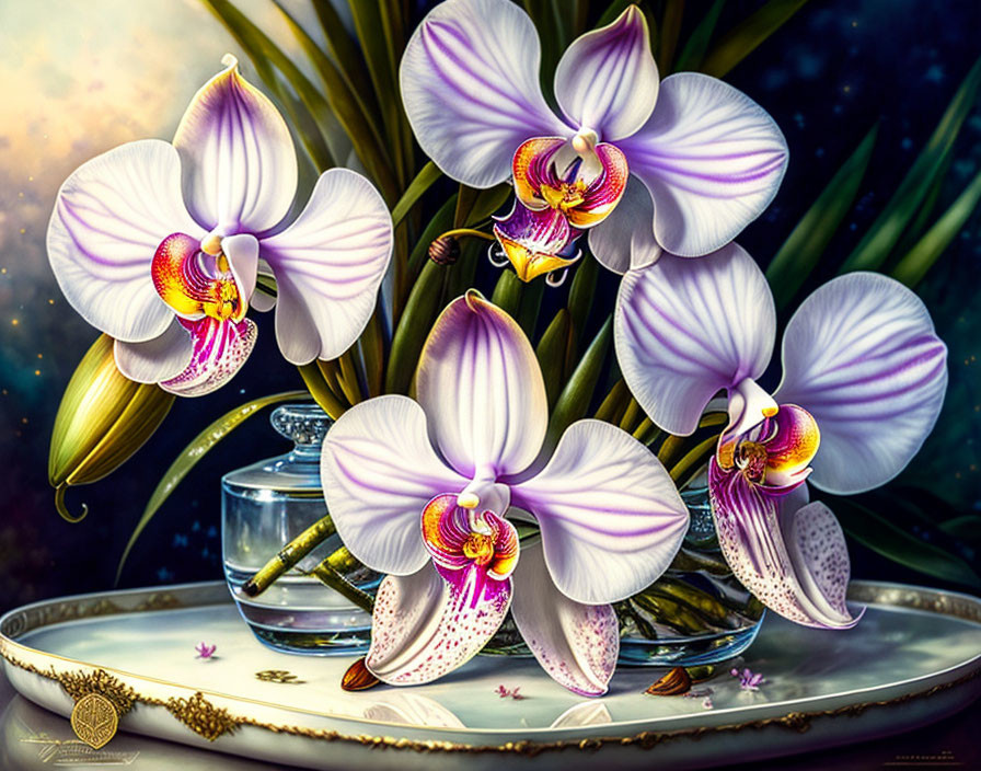 Detailed Purple and White Orchids Digital Painting on Gold-Accented Plate