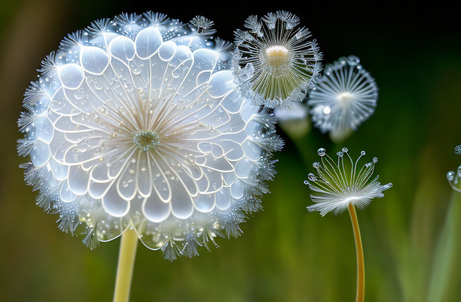 Macro shot of dew-covered dandelions on green background with water droplets.