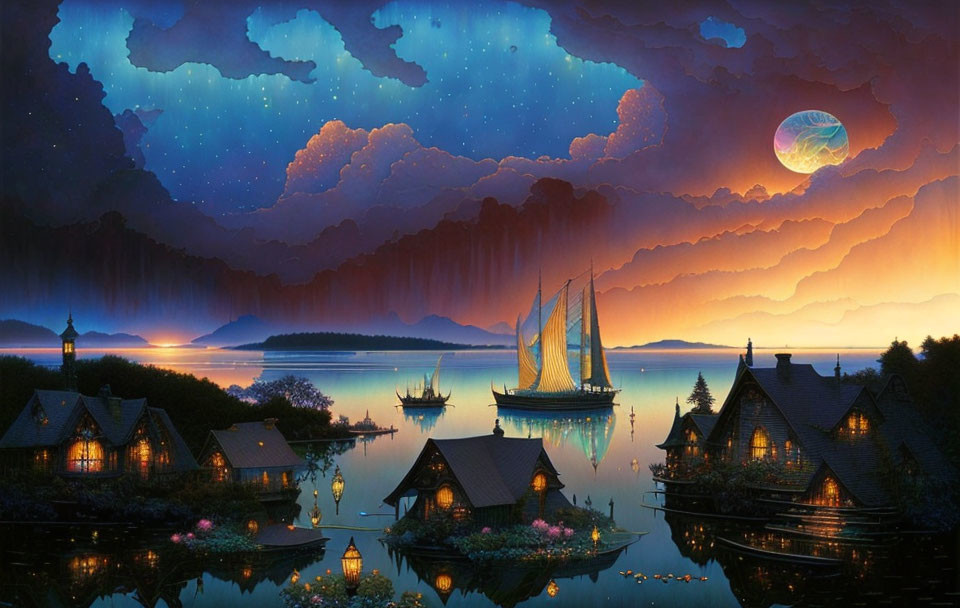 Tranquil lakeside village at dusk with lit cottages, boats, and starry sky