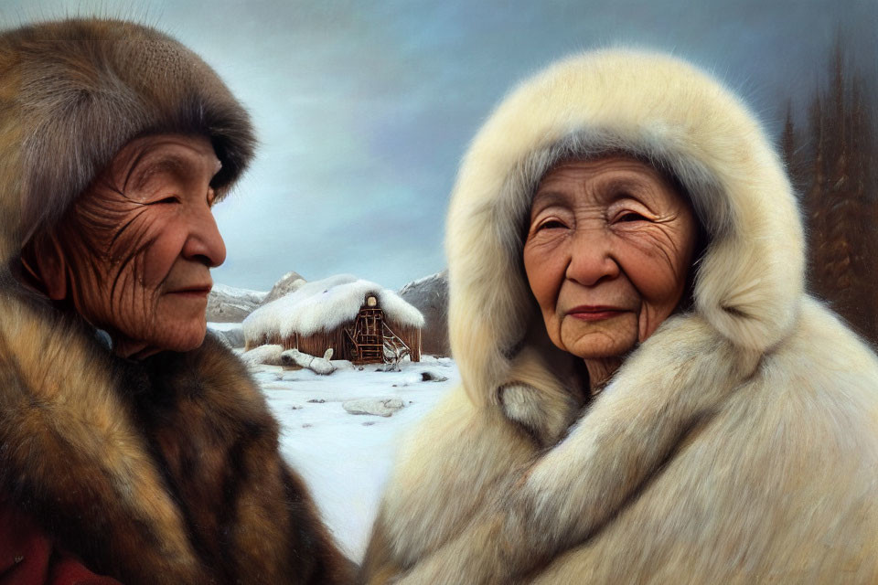 Elderly individuals in fur-trimmed traditional clothing in snowy village