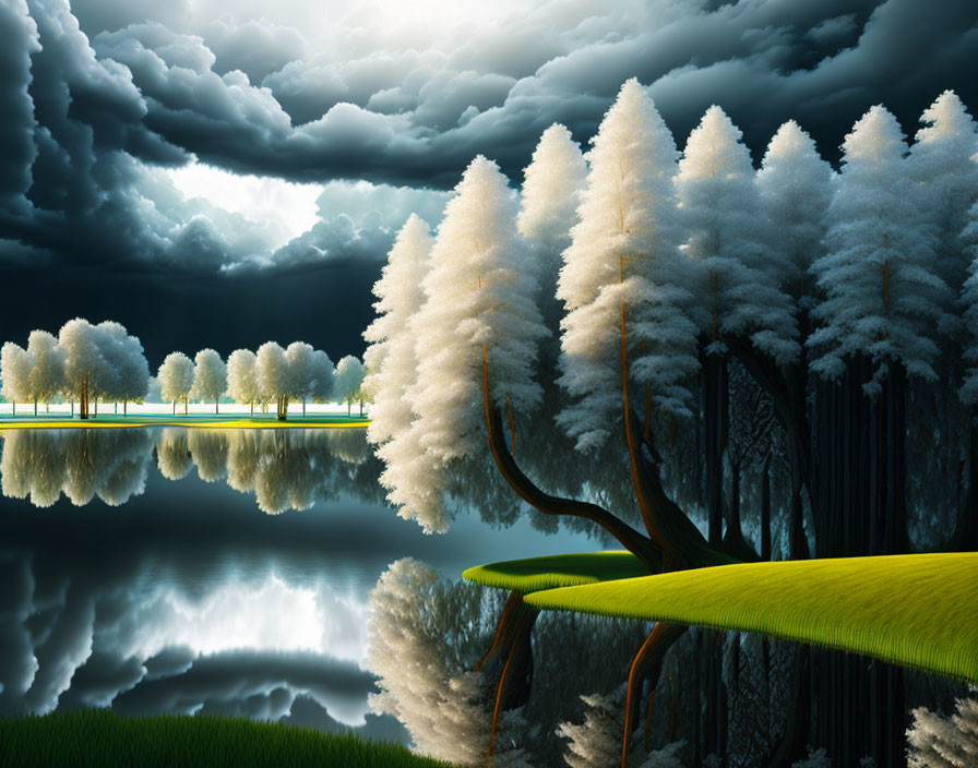 Surreal landscape split by reflective lake: snowy trees against stormy sky, grassy horizon.