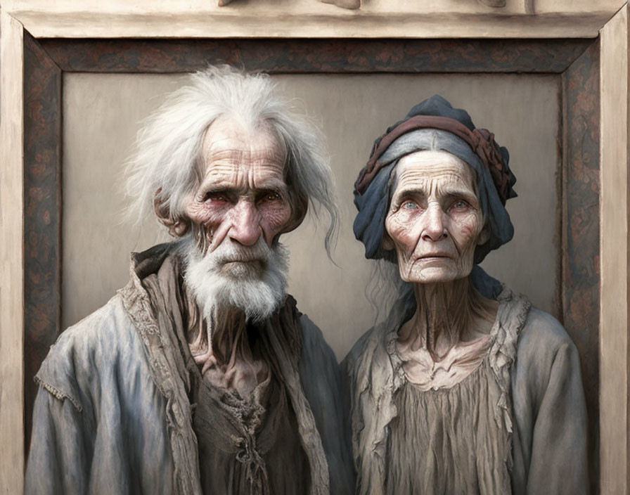 Elderly Couple in Somber Portrait Attire