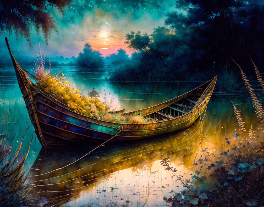 Overgrown wooden boat on calm river at colorful sunset