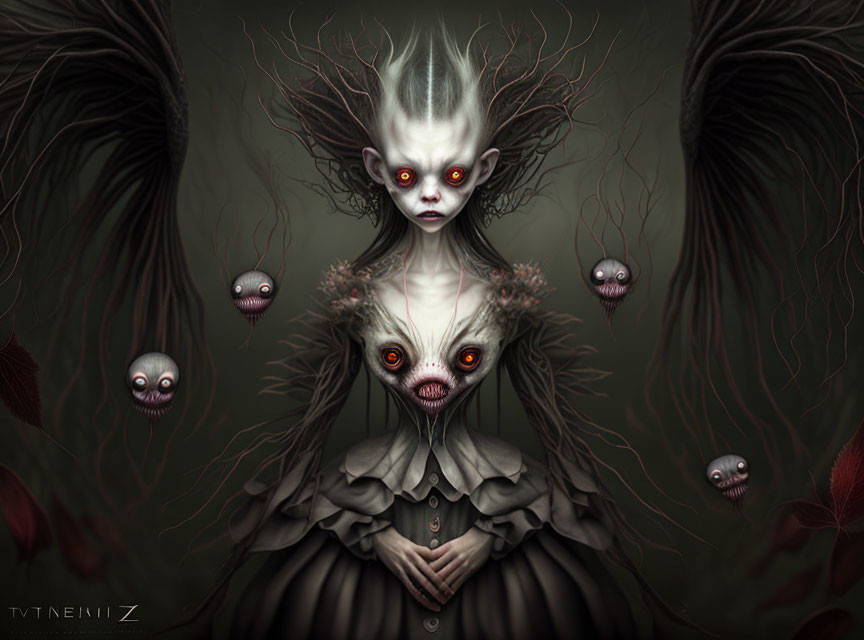 Eerie digital artwork: pale figure, red eyes, floating heads, eerie branches