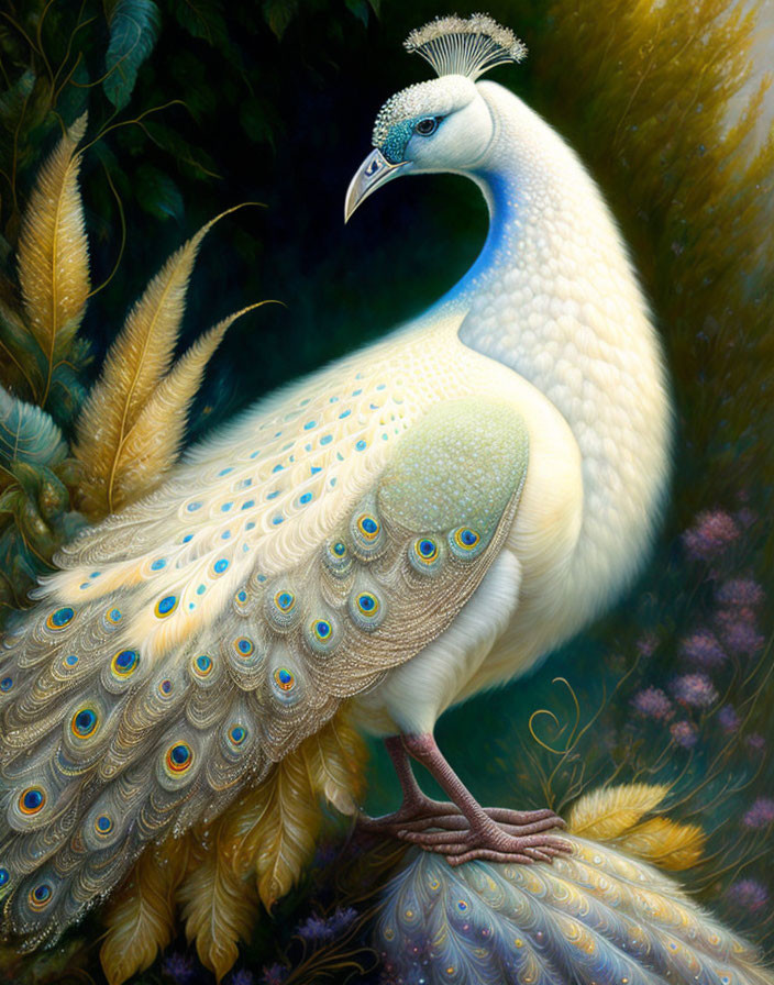 Majestic White Peacock with Vibrant Blue, Gold, and Green Feathers