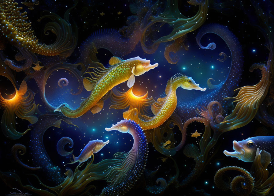 Stylized seahorses in bioluminescent ocean scene