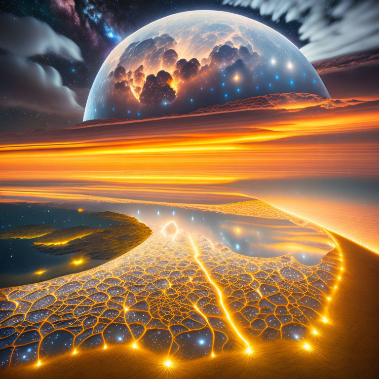 Surreal landscape with large moon, starry sky, orange clouds, glowing river, and cracked