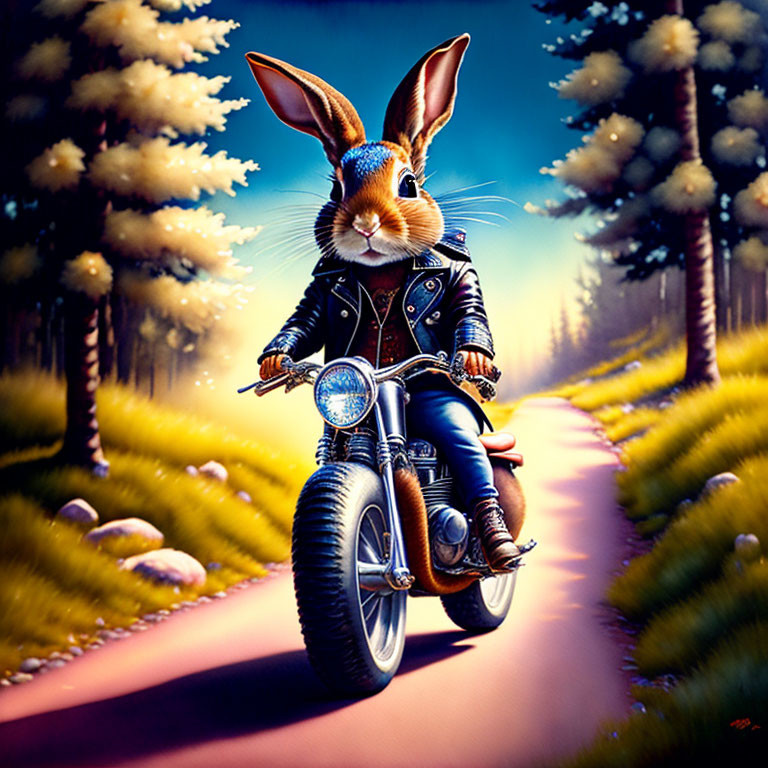 Anthropomorphic rabbit in leather jacket on motorcycle in twilight forest.