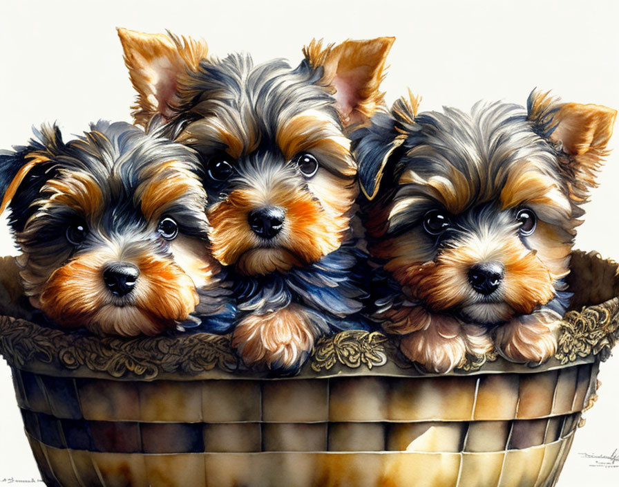 Three Yorkshire Terrier Puppies in Basket with Expressive Eyes