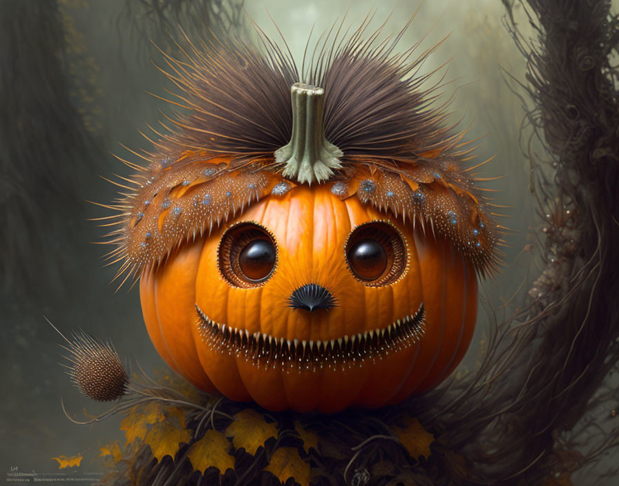 Anthropomorphized pumpkin with water droplets and autumn leaves on foggy background