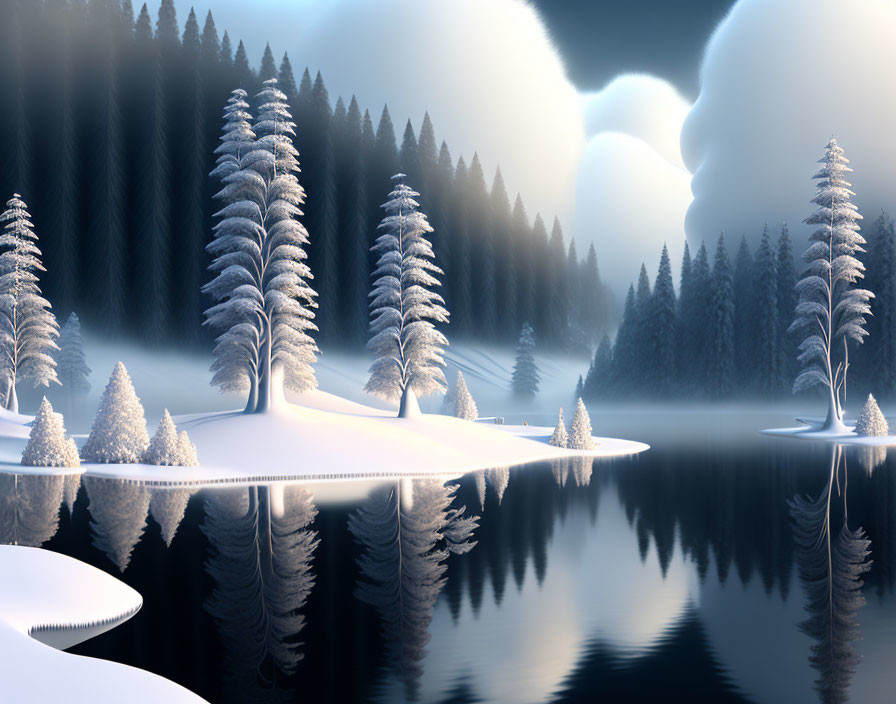 Snow-covered trees on islands reflected in lake under sky with face-shaped cloud