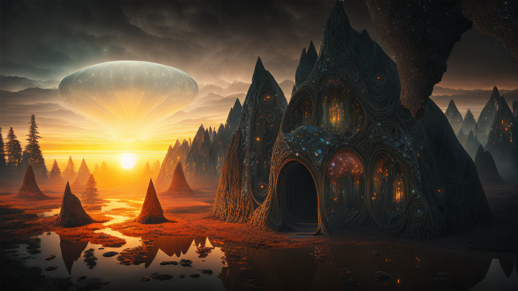 Fantastical sunset landscape with alien structure and glowing ringed object